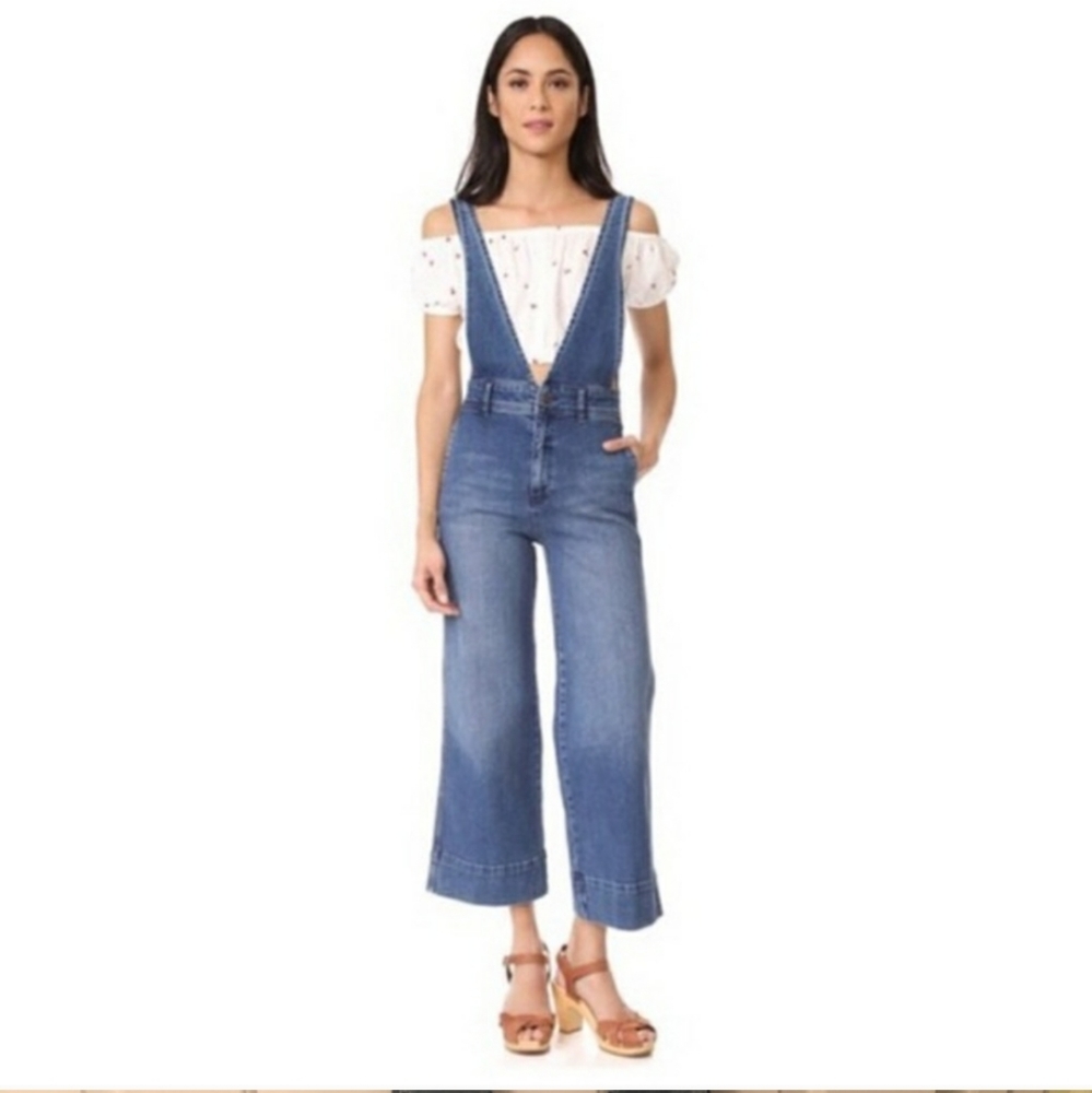 Free People A Line Denim Cropped Wide Leg Overalls